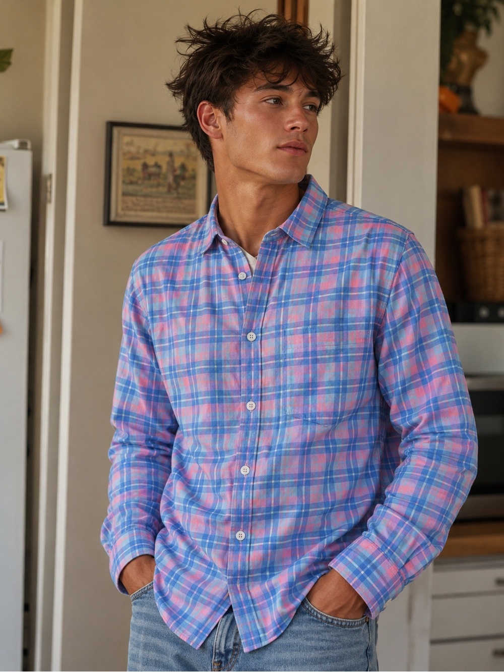 Faherty Men’s Blue & Pink Plaid Button-Up Shirt long sleeve size medium